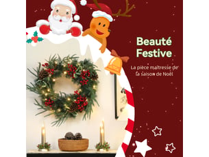Couronne de noël lumineuse 60 cm avec 35 led, minuterie, 170 pointes, pommes de pin, feuilles de houx, baies, vert