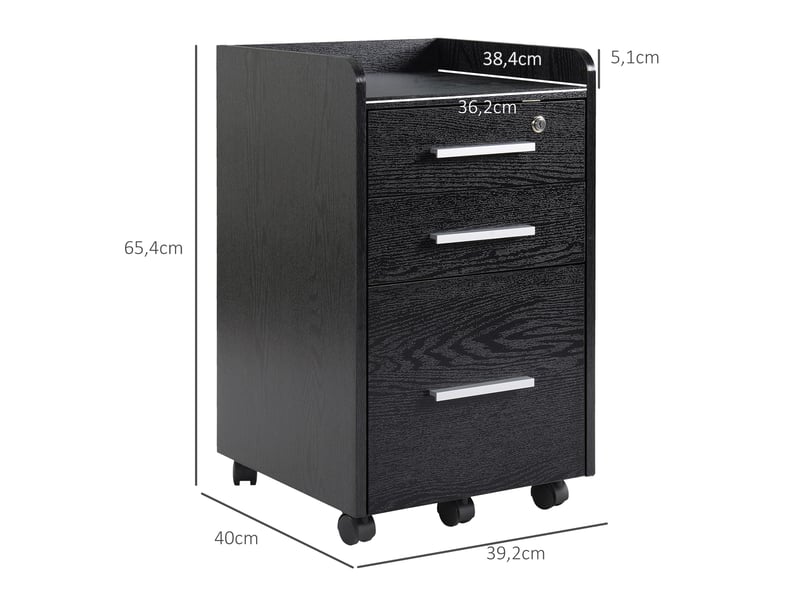 Caisson de bureau rangement bureau sur roulettes 3 tiroirs 1 verrouillable 1 dossiers trieur en bois noir  - Conforama C