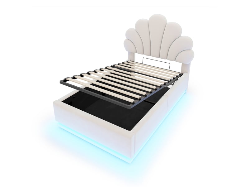  Lit d'enfant 90 × 200 cm, motif floral, rangement à vérins hydrauliques, éclairage led, velours, beige  - Conforama E