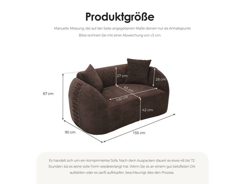  Canapé modulable 2 places 155x90x67 cm - canapé courbe avec détails à lacets - tissu chenille - sofa compressé sous vide - canapé compressé - marron CozyNest - Conforama C