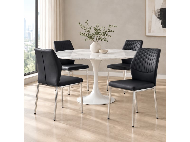  Chaises de salle à manger lot de 4 dossier nervuré rembourré  - pieds en métal, pu noir et argent  - Conforama B