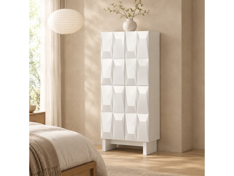 Meuble de rangement 60.5x34x135.5 cm, 4 portes à relief, panneaux de particules blanc  - Conforama B