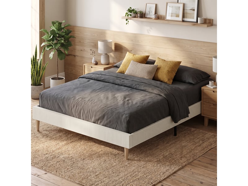Lit double sommier design scandinave velours côtelé - compatible matelas 200x160cm - beige - Conforama B