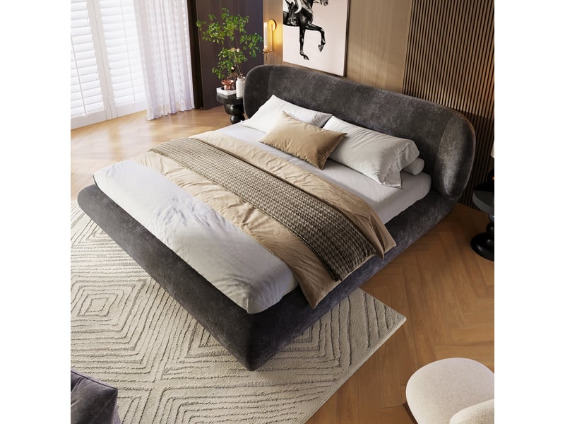 Lit double rembourré 180x200 cm, cadre de lit avec sommier à lattes, tête de lit, mousse épaisse, coins arrondis, chenille (sans matelas), gris CozyNest - Conforama E