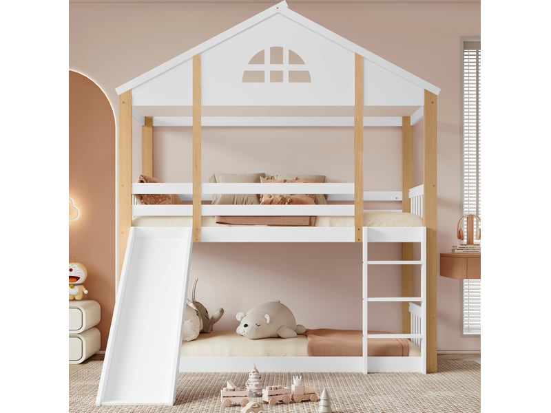  Lit superposé enfant maison 90x200 cm blanc et naturel avec toboggan  - Conforama E