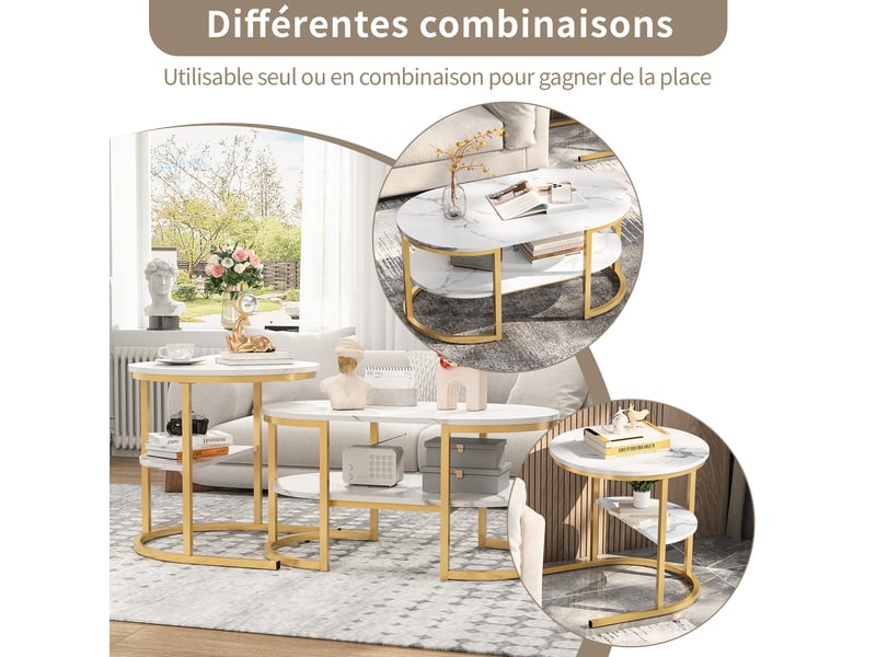 Table basse ronde gigogne 2 niveaux avec rangement, pour salon, plateau effet marbre en mdf, structure en métal doré - Conforama D