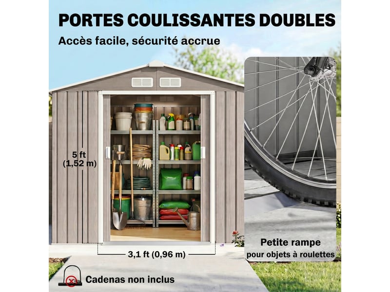  Abri de jardin grande remise pour outils 213 x 130 x 185 cm porte coulissante industriel en acier galvanisé marron clair 21_0004029  - Conforama D