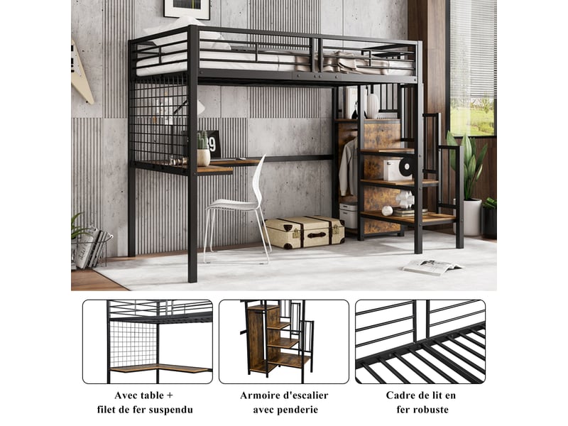  Lit mezzanine enfant 200×90 cm avec armoire, bureau et escalier latéral, sans matelas, en métal et mdf noir et noyer foncé  - Conforama E