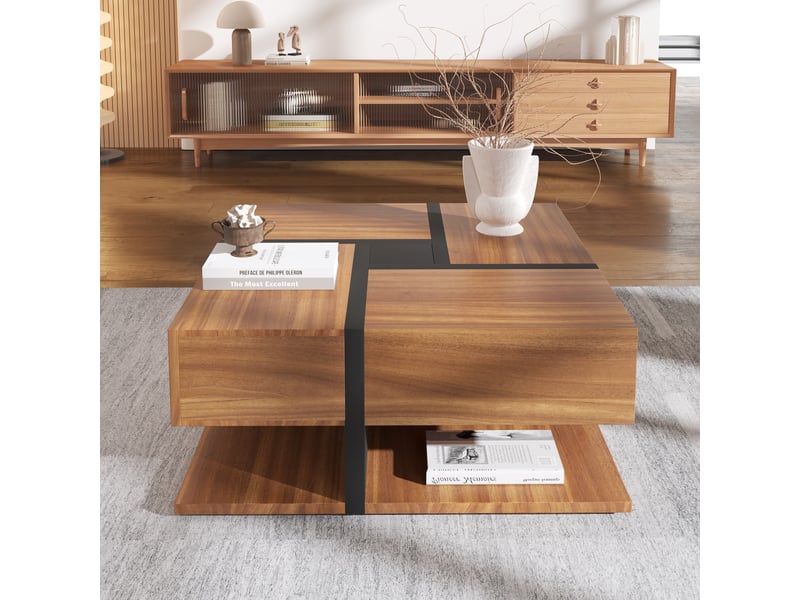  Table basse carrée bois et noir, table de salon avec 4 tiroirs et étagère, 78x78x36 cm  - Conforama D