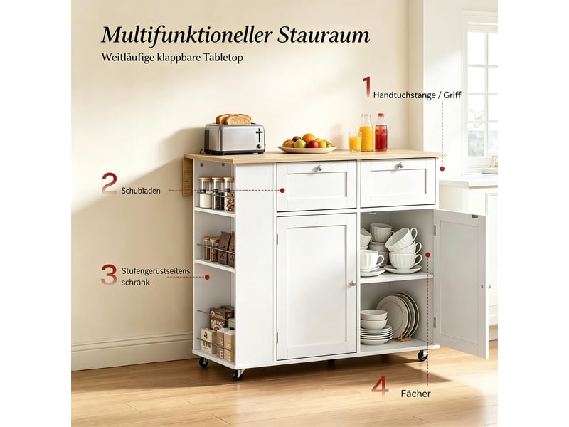  Îlot de cuisine à roulettes plateau rabattable blanc et chêne clair T5828S00029 - Conforama E