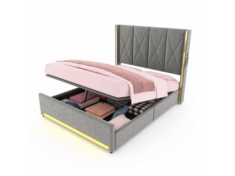  Lit coffre double 160×200 cm avec led réglable, usb et type-c - okmyhome- velours gris foncé, sans matelas  - Conforama A