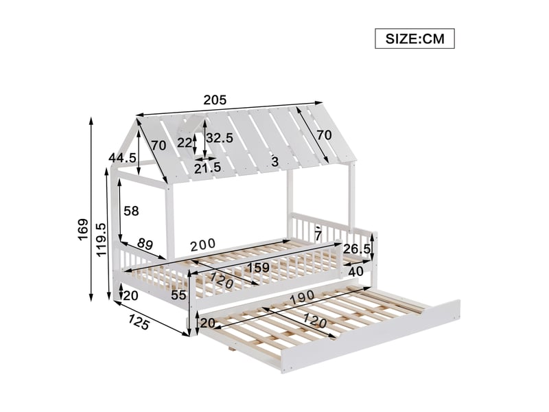 Lit cabane 120x200 cm avec lit gigogne 120x190 cm, en forme de maison, en bois, sans matelas, blanc - Conforama C