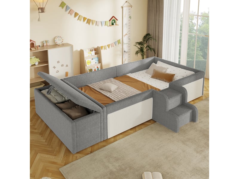 Lit enfant rembourré 90x190 cm en velours avec petit escalier et banquette de rangement intégrée, pour chambre d’enfant, avec assise rembourrée - gris - Conforama D