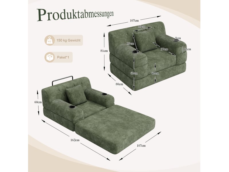  Canapé compressé convertible 1 place en velours côtelé vert avec 4 poches et 2 porte-gobelets  - Conforama C