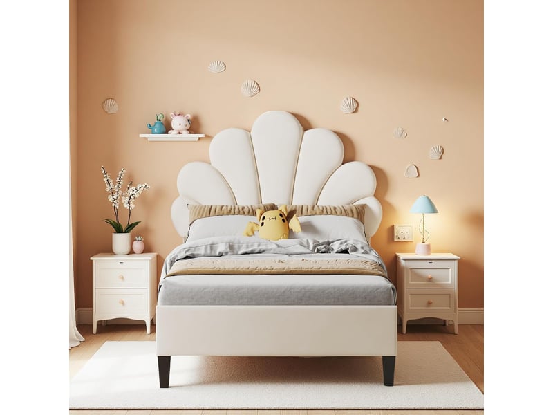  Lit enfant 90x200 cm cadre rembourré en velours, tête de lit design pétale, pieds métalliques dorés, structure stable charge 150kg  - Conforama B