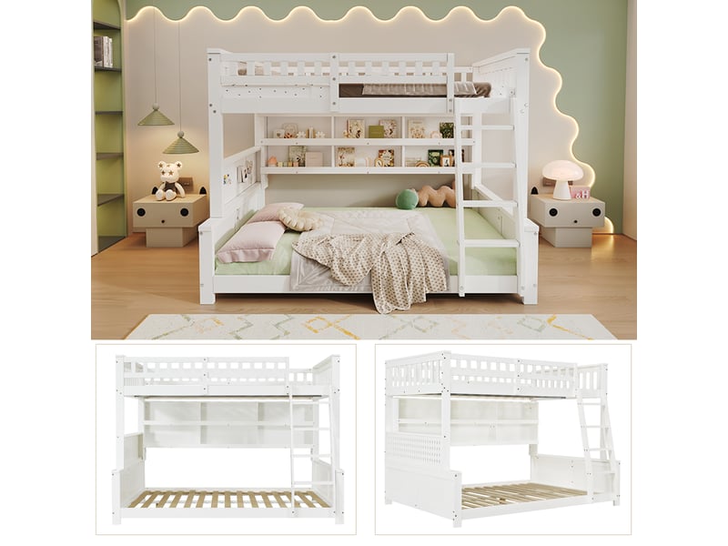  Lit superposé familial 120x200140x200cm séparable en 2 lits, avec échelle, double étagère et panneau perforé, bois massif et mdf, blanc evarich - Conforama D