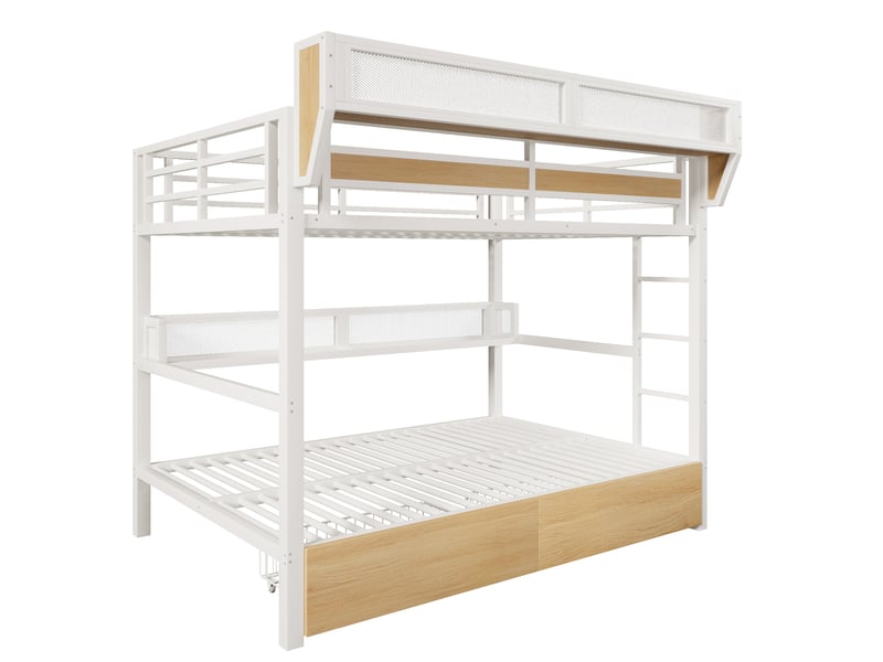  Lit superposé en métal blanc 140x200 cm avec led, étagère, panier et 2 tiroirs  - Conforama E