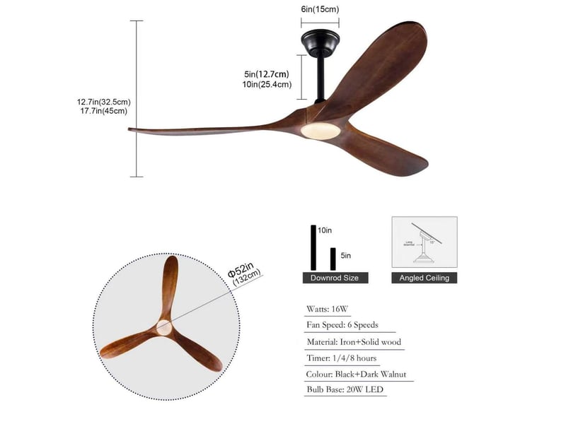  Ventilateur de plafond 132 cm avec led, 3 pales en bois noyer, moteur dc réversible  - Conforama C
