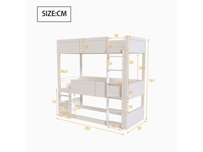  Lit enfant modulaire à 3 couchages superposés 90 x 200 cm, bois blanc, barrières hautes  - Conforama C