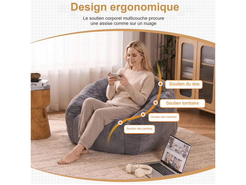 Pouf poire adulteenfant gris en polyester 98x98x60 cm, rembourrage mousse mémoire, assise moelleuse pour lire et se détendre W5378P504662 - Conforama D