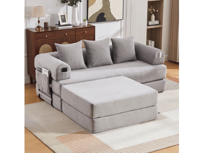  Canapé modulaire 3 places en velours côtelé gris clair avec pouf et 3 coussins  - Conforama D