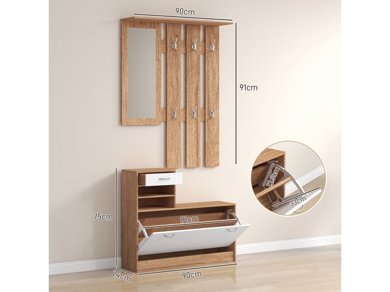  Porte-manteau 3 en 1 avec étagère à chaussures et miroir, crochets et tiroirs, en bois, 90 x 24 x 177 cm, blanc et noyer  - Conforama E