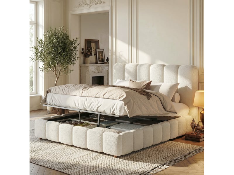  Lit coffre 2 places 140x190 cm avec sommier à lattes bouclette blanc  - Conforama D