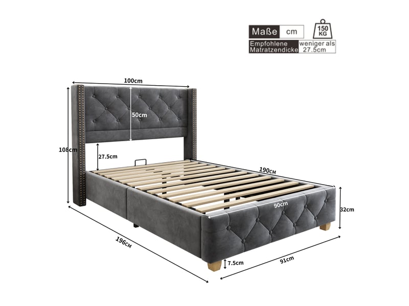  Lit rembourré 90×190 cm avec sommier à lattes et tête de lit, capitonnage à boutons et pieds en bois gris  - Conforama C