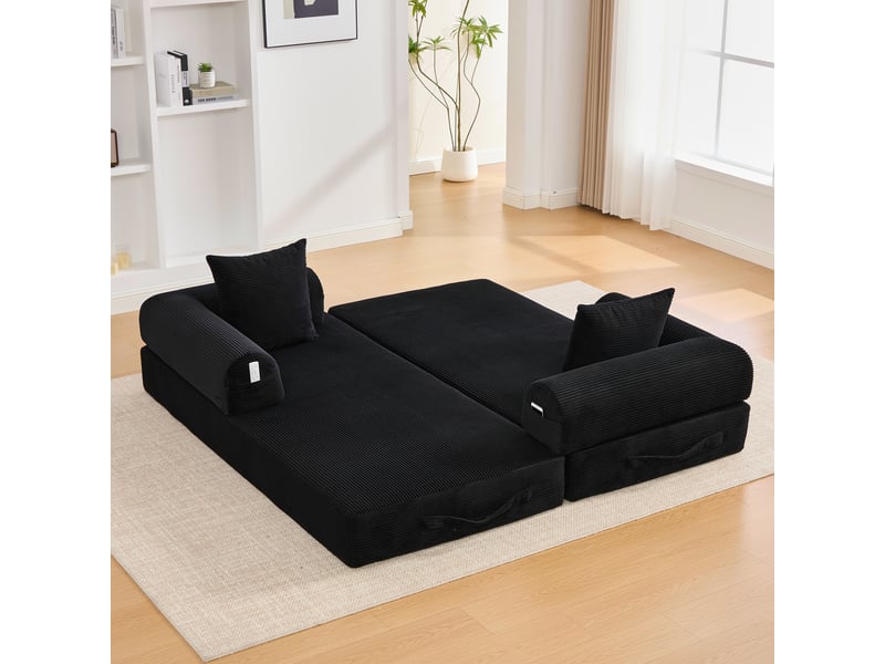  Canapé-lit convertible 3 places canapé au sol canapé modulable canapé compressé en velours côtelé avec structure en métal, noir  - Conforama D