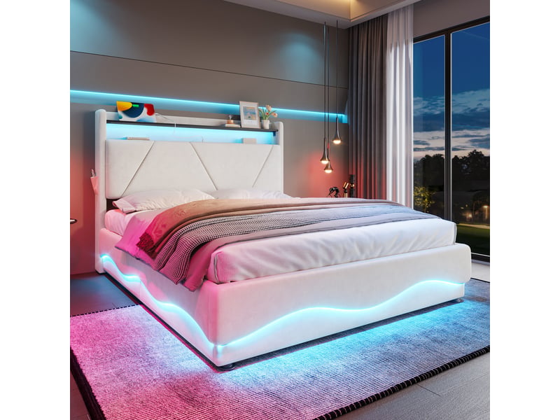  Lit coffre 160x200 cm rembourré avec rangement hydraulique, tête de lit avec étagères, LED, USB et Type-C Fay Lum - Conforama D