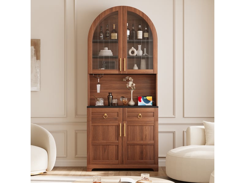  Buffet haut vitré 80 cm décor noyer, 4 portes, 2 tiroirs, led et prises Fay Lum - Conforama E