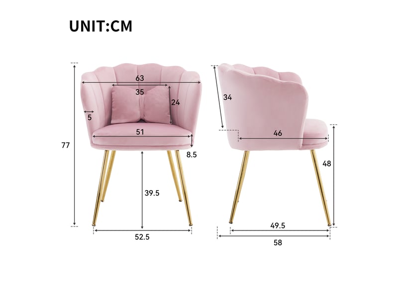  Fauteuil avec dossier pétale capitonné, coussins de soutien et pieds métalliques dorés en velours rose  - Conforama D
