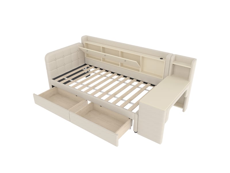  Lit banquette beige 90x200 cm avec bureau, 2 tiroirs, rangements, usb et type-c  - Conforama E