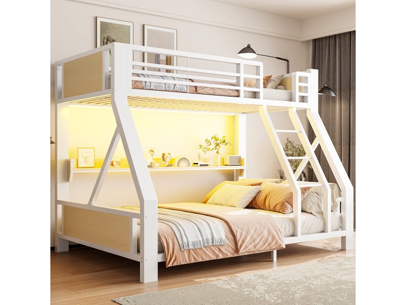  Lit superposé 90x200+140x200 cm, 2 couchages, led, compartiment de rangement, métal et bois, blanc, sans matelas  - Conforama B