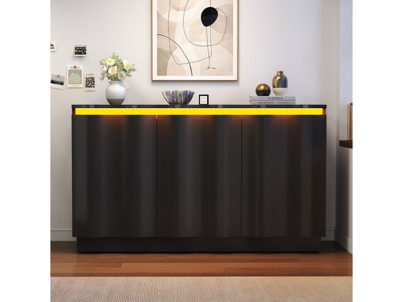  Buffet bas avec led bluetooth et rangements, façade ondulée, noir – 120 cm IKSETERA TRADING LTD - Conforama D