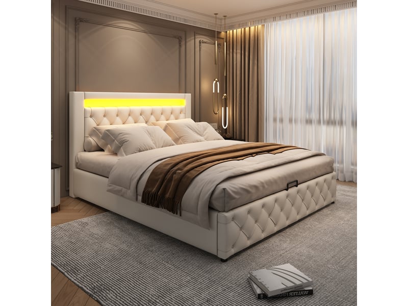 Lit coffre 140x200cm avec espace de rangement, éclairage led, sans matelas, design moderne, pu, couleur blanc  - Conforama W