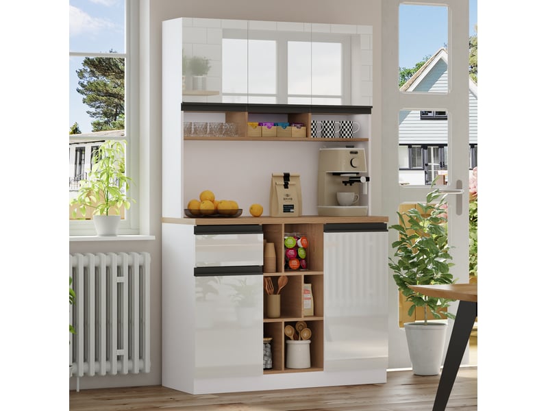  Buffet de cuisine blanc 105 x 45 x 185 cm, portes brillantes et rangements  - Conforama B