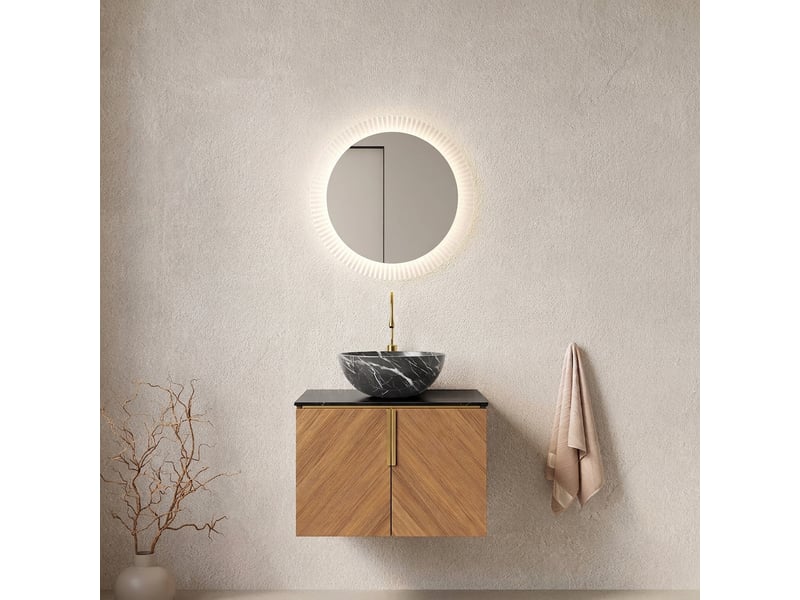  Meuble salle de bain suspendu 61 cm chêne brun avec vasque à poser en céramique noire  - Conforama B