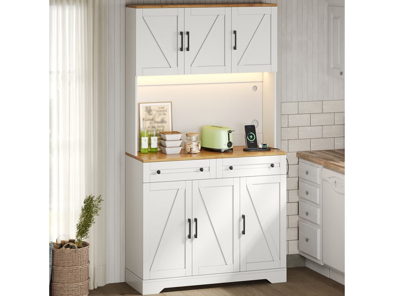  Armoire de cuisine haute 100x40x180 cm, meuble de rangement avec led rgb, prises électriques, portes de grange, naturel et blanc  - Conforama B