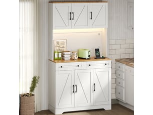 Armoire de cuisine haute 100x40x180 cm, meuble de rangement avec led rgb, prises électriques, portes de grange, naturel et blanc