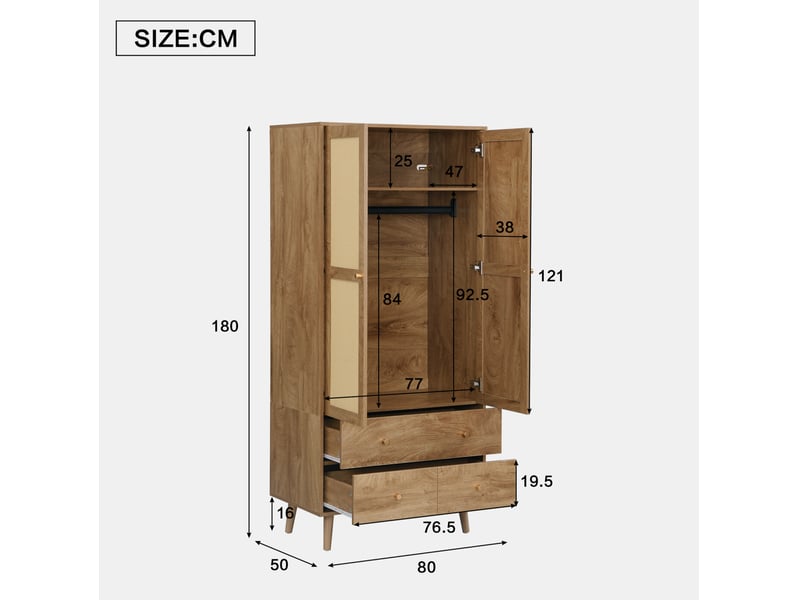  Armoire 2 portes avec penderie et 2 tiroirs 80x50x180 cm décor noyer foncé  - Conforama C