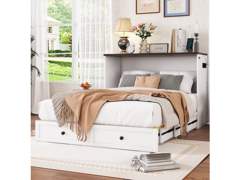 Lit escamotable 140x200 cm avec tiroir, étagère, usb et prise blanc  - Conforama E