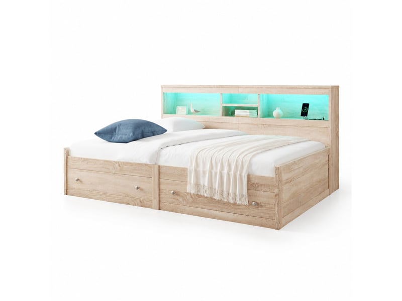  Lit banquette avec 2 tiroirs, rangements, éclairage à couleurs variables et prises de charge, en panneau de particules, blanc et naturel  - Conforama A