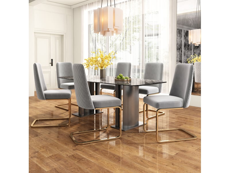  Chaise de salle à manger lot de 4 en velours avec dossier à motif losange et piètement métal doré gris  - Conforama E