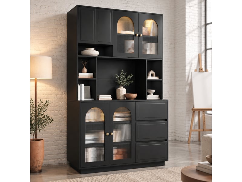  Buffet haut de cuisine avec bar ouverte et led réglable - lpospi - portes en acrylique, mdf noir  - Conforama C