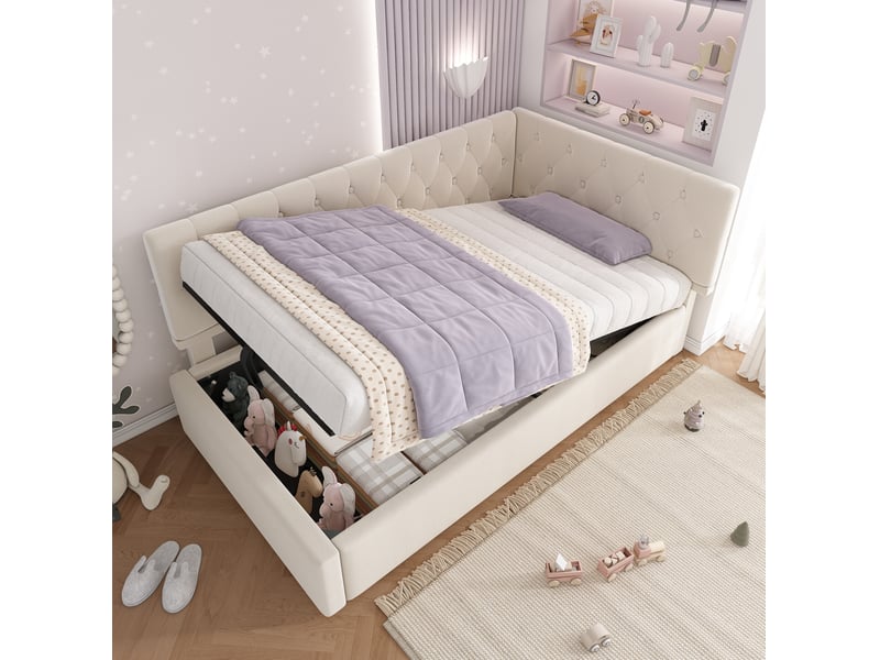  Modenvie lit banquette 90x200 cm - rangement hydraulique, tête de lit réversible, sans matelas - beige  - Conforama B