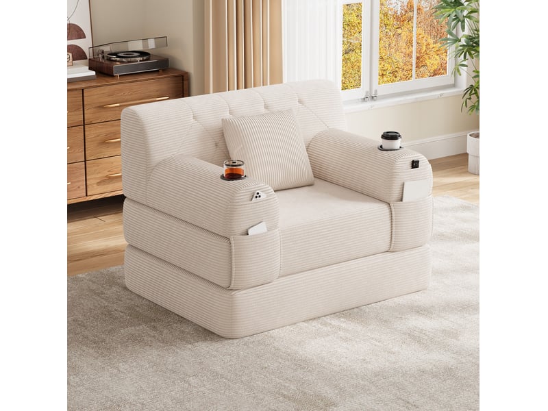  Canapé convertible compressé 1 place en velours côtelé beige, 4 poches et 2 porte-gobelets  - Conforama D