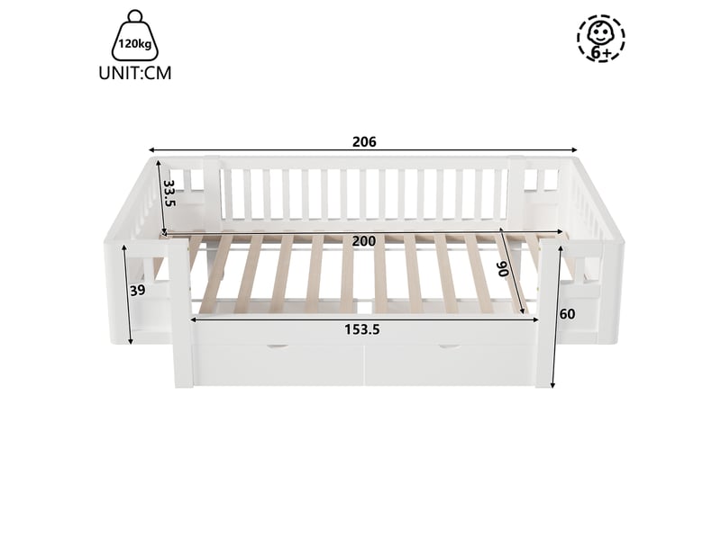 Lit plateforme 90x200 cm avec garde-corps élevé et deux grandes tiroirs, blanc, sans matelas - Conforama E