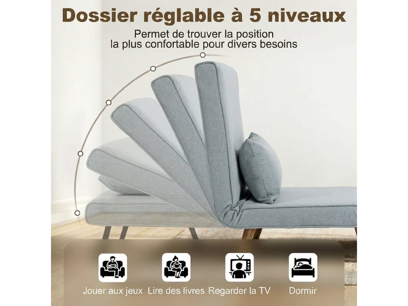 Fauteuil chauffeuse convertible 3 en 1 lit fauteuil lit 1 dossier place 5 positions en tissu avec coussin, gris - Conforama E