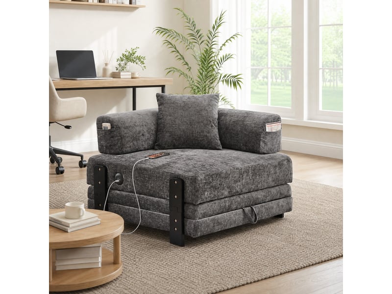  Canapé convertible pliant 1 place gris foncé en tissu avec ports usb et type-c et rangement  - Conforama B